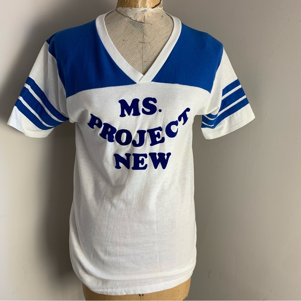 Vintage 80s Bantam Varsity TShirt Ms Project New M Single Stitch Blue White SS